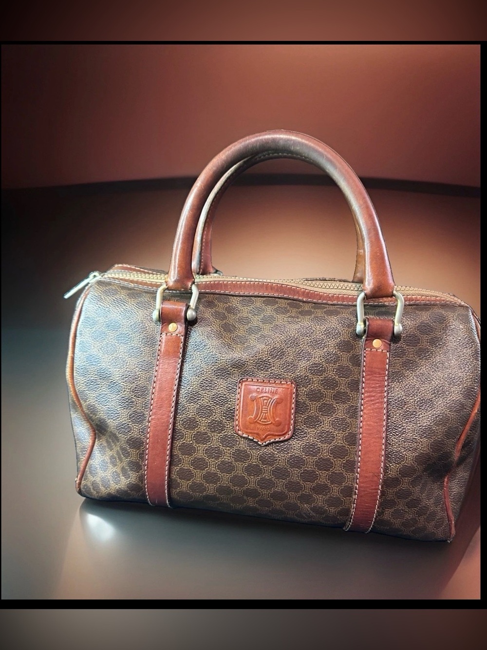 CELINE Brown Logo Satchel/Boston Handbag Zip Closure